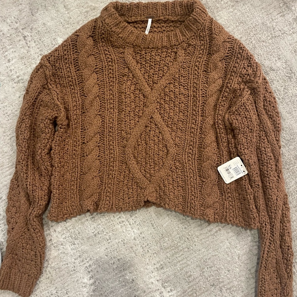 Free People Brown Cowl Neck Cable Knit Sweater